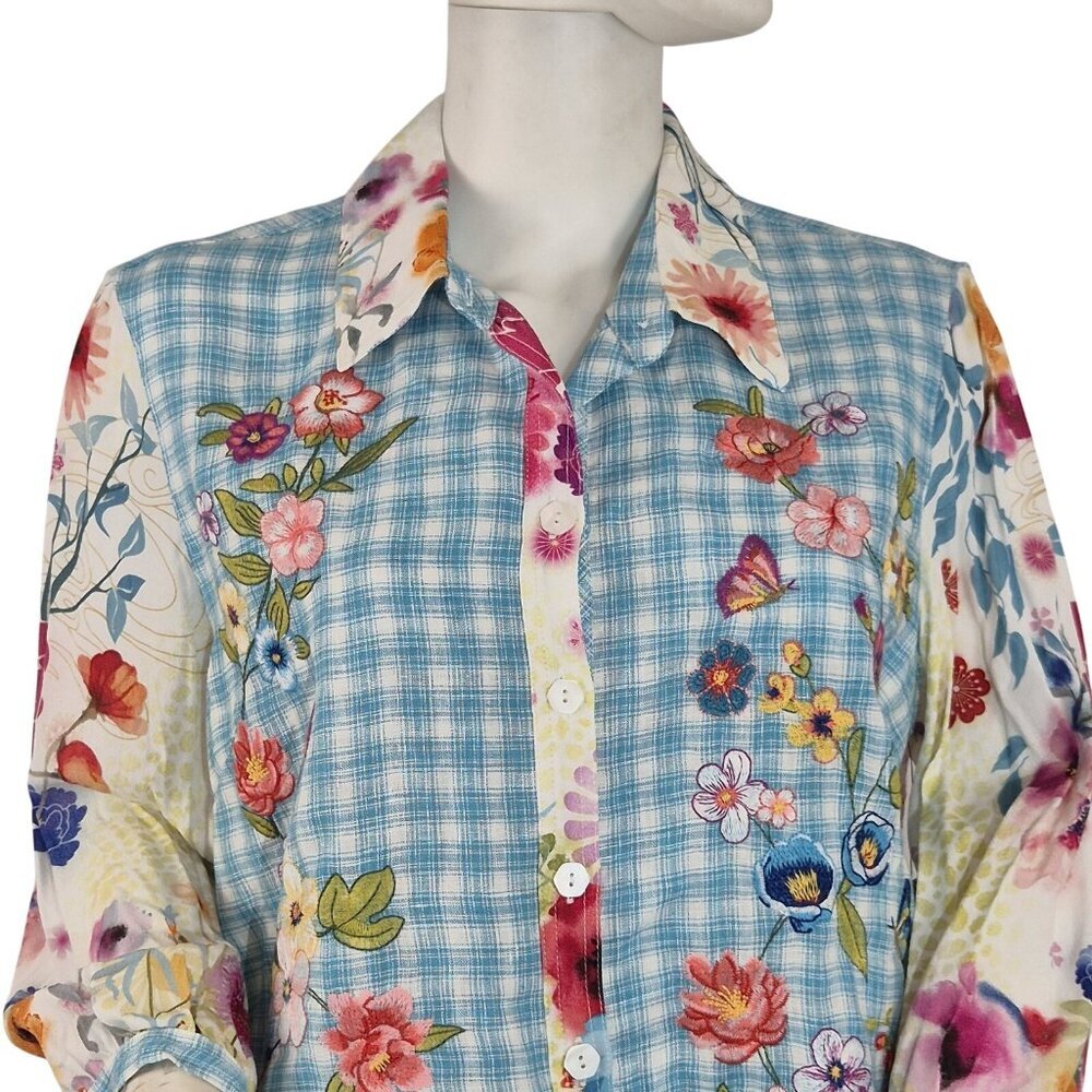 John Mark Women’s Shirt Top Embroidered Floral 3/4 Sleeve Button Tunic (51)